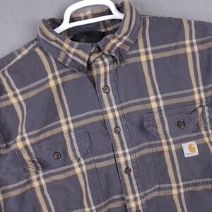 Carhartt Plaid Flannel Shirt Mens L Tall Gray Yellow Loose Fit TW4447-M Workwear